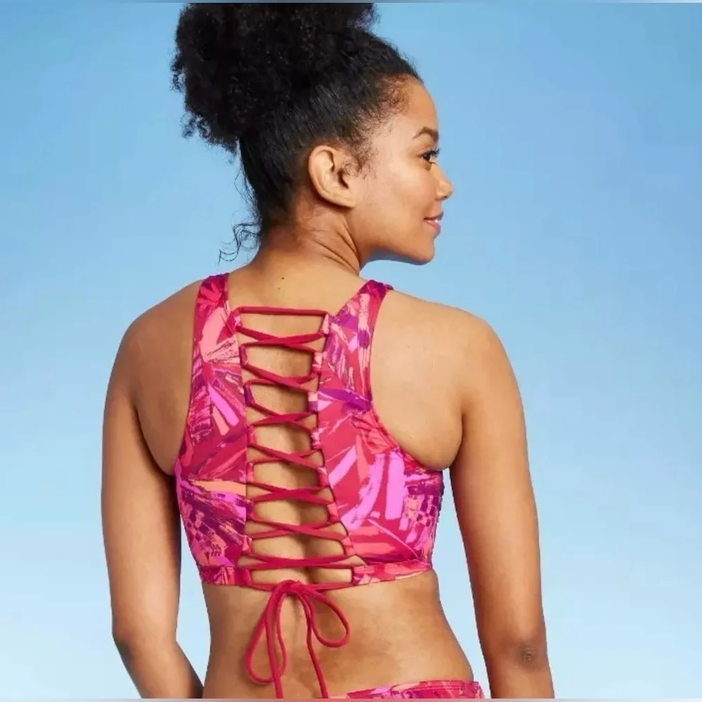 All in Motion Pink Lace Up Tropical Bikini Swimwear Set Size L
